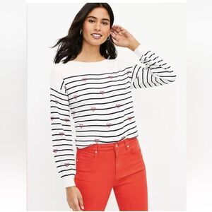 LOFT Striped Embroidered Heart Boatneck Sweater - Size Large